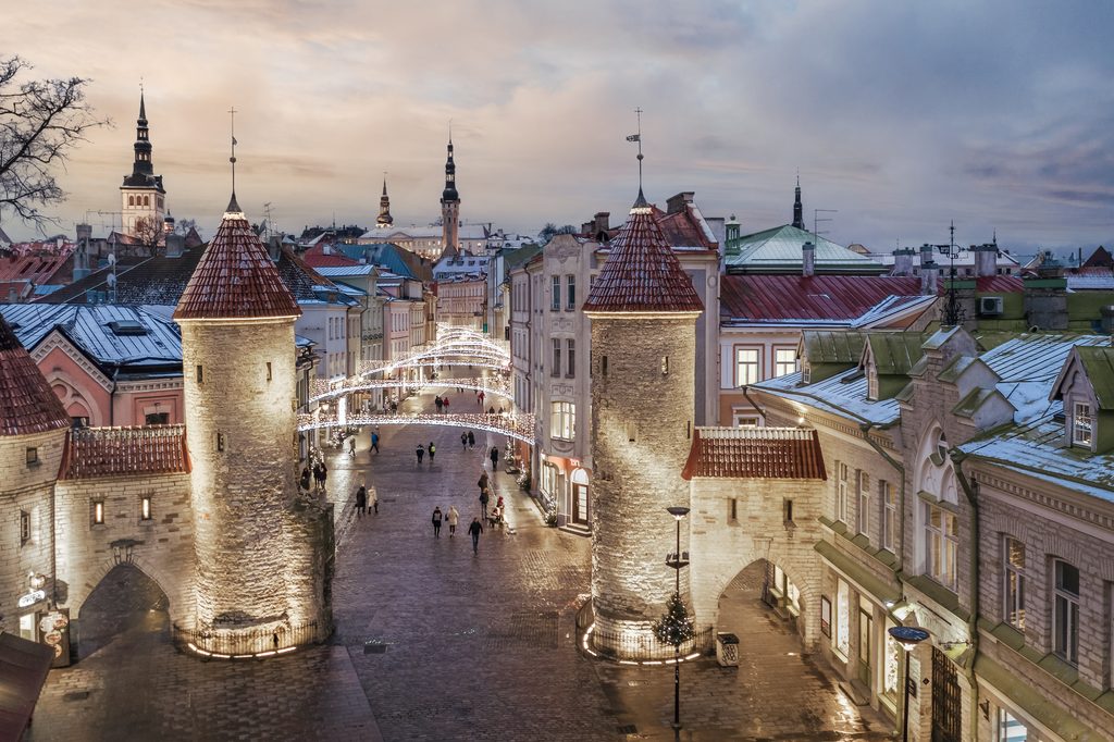 Tallinn in December with Christmas lights at Viru Gate in the Old Town