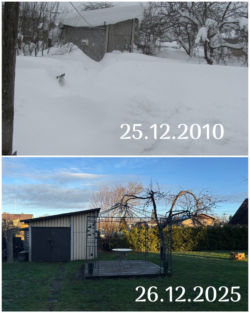 Same place in Estonia at Christmas in 2010 and 2025, showing deep snow one year and green grass another