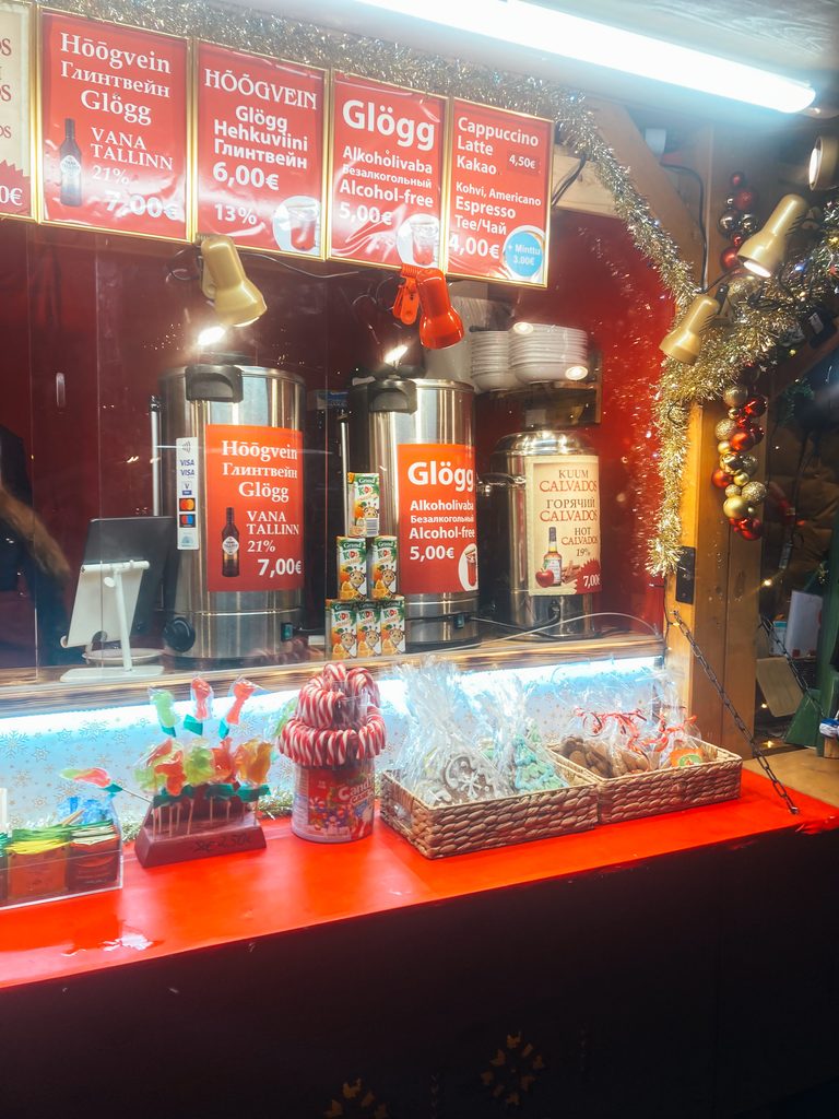 Glögi stall at Tallinn Christmas Market with hot drink prices