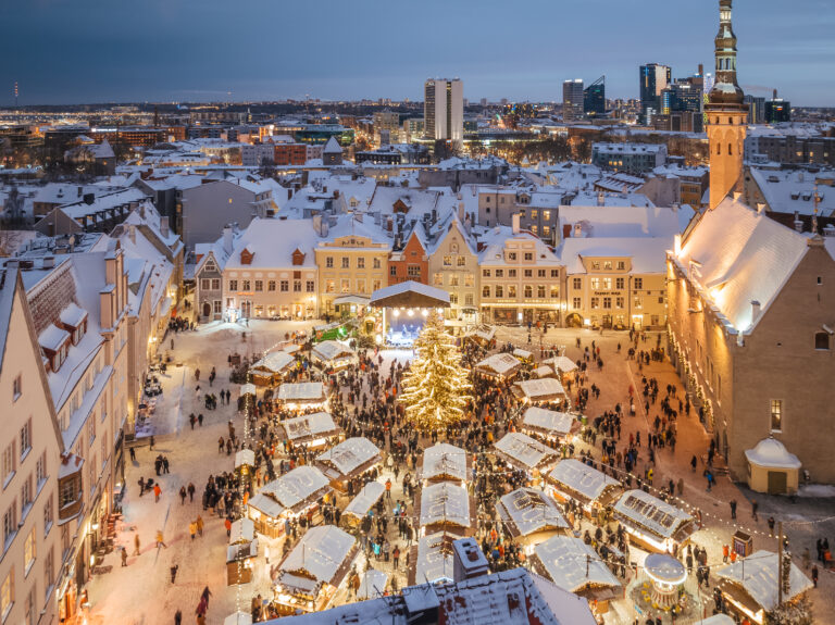 Tallinn Christmas Market on snowy Town Hall Square
