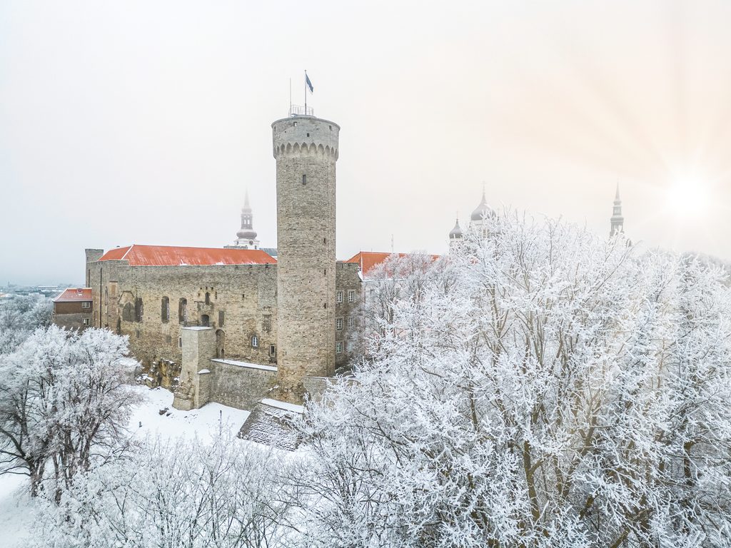Tallinn in winter with snow-covered Toompea and the medieval Old Town