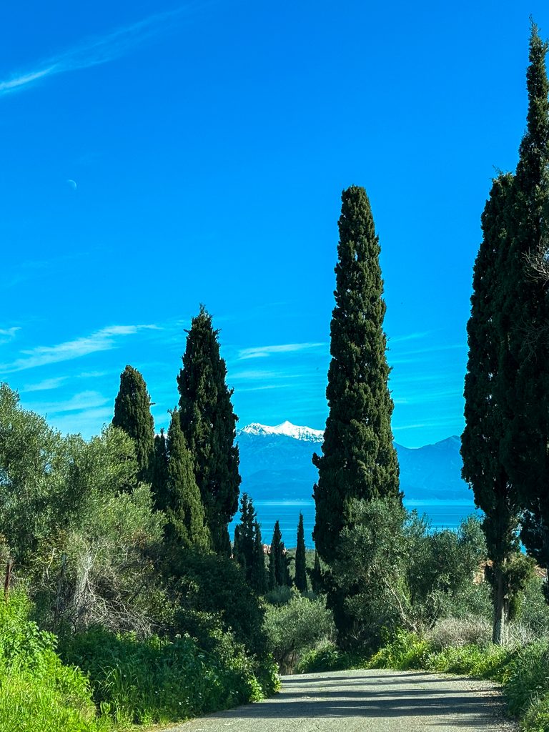 Road through the Peloponnese with snow-covered mountains in early March