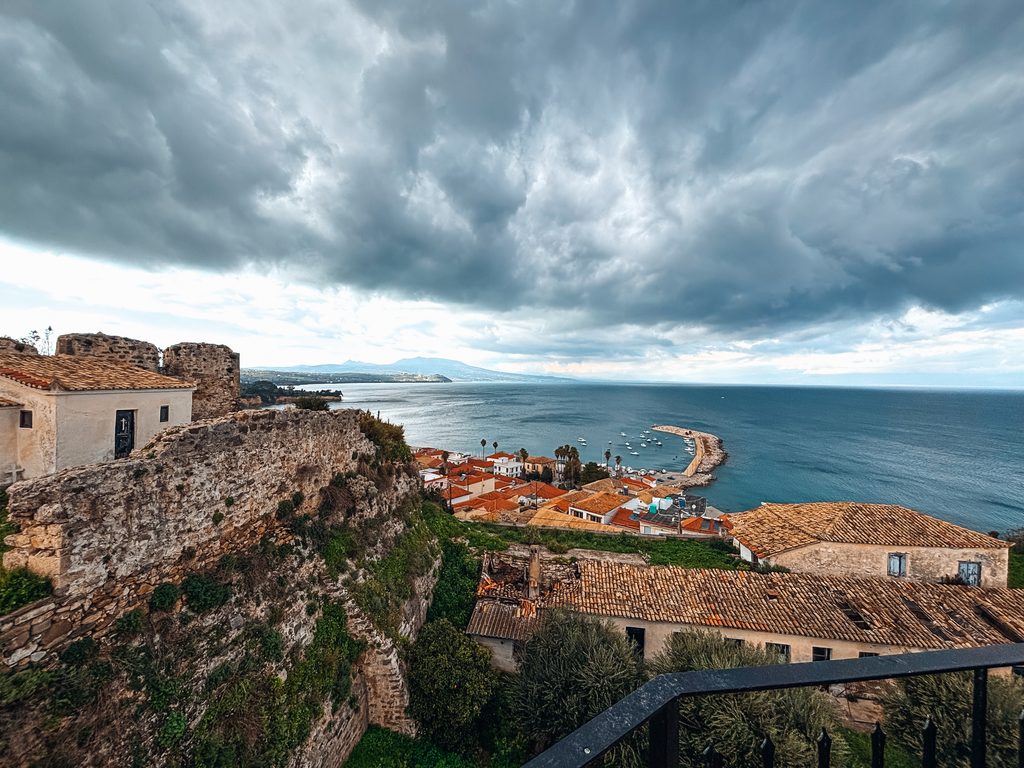 View from Koroni Castle over Koroni and the sea in winter