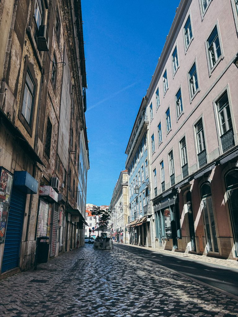 Quiet cobbled street in central Lisbon during our first full day in the city
