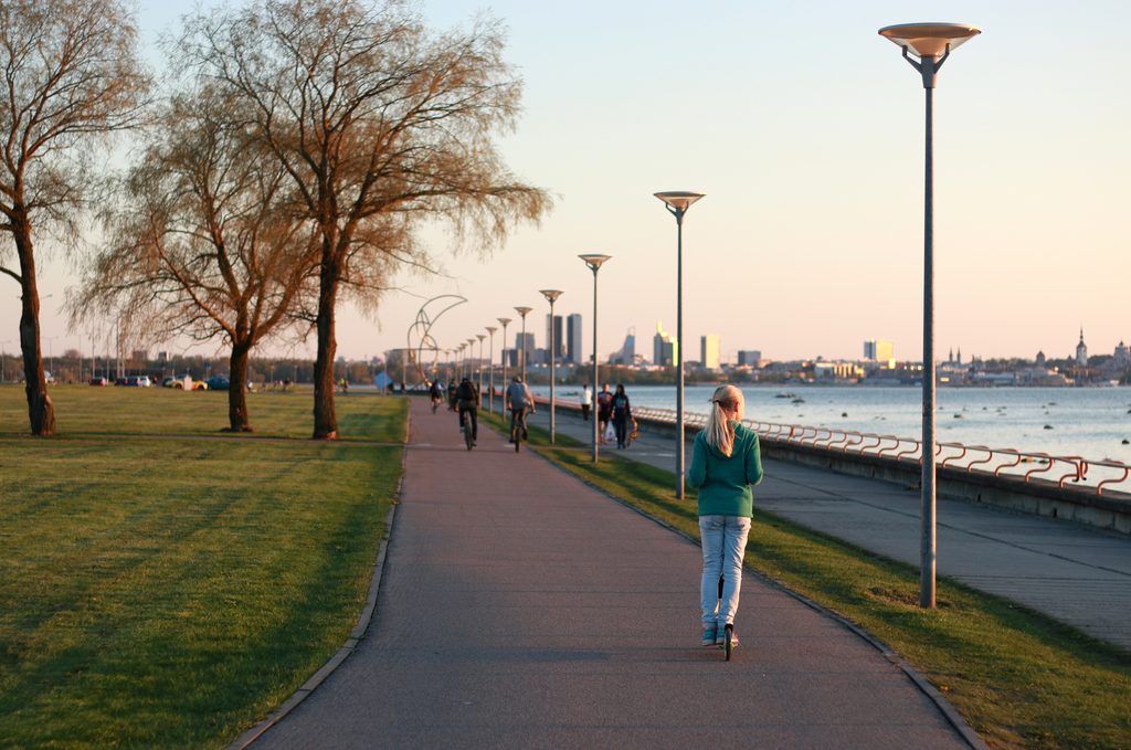Pirita promenade in Tallinn with the city skyline across the bay