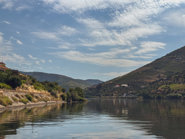 Douro River and vineyard-covered hills on our Porto to Douro Valley train trip