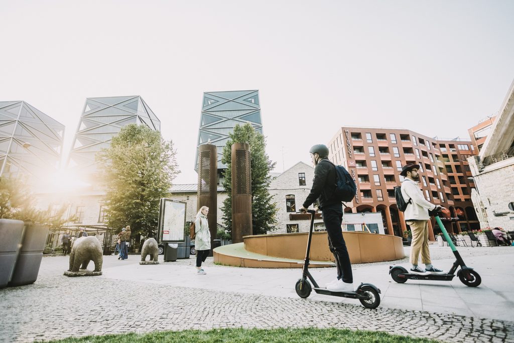 Rotermann Quarter in Tallinn with modern buildings and e-scooters