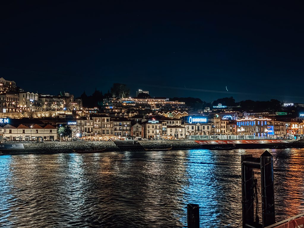 Vila Nova de Gaia waterfront and port wine lodges across the Douro at night